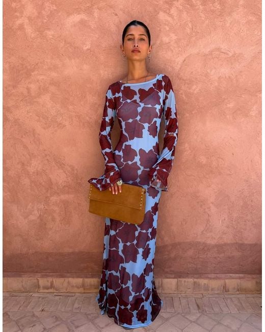 Never Fully Dressed Blue Mesh Long Sleeved Crew Neck Maxi Dress