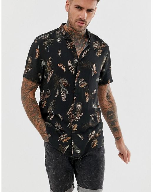 River Island Black Shirt With Feather Print for men