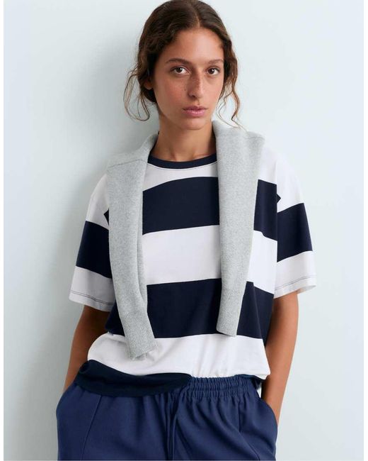 Oysho Blue Boxy Cotton-Blend T-Shirt With Wide Stripes