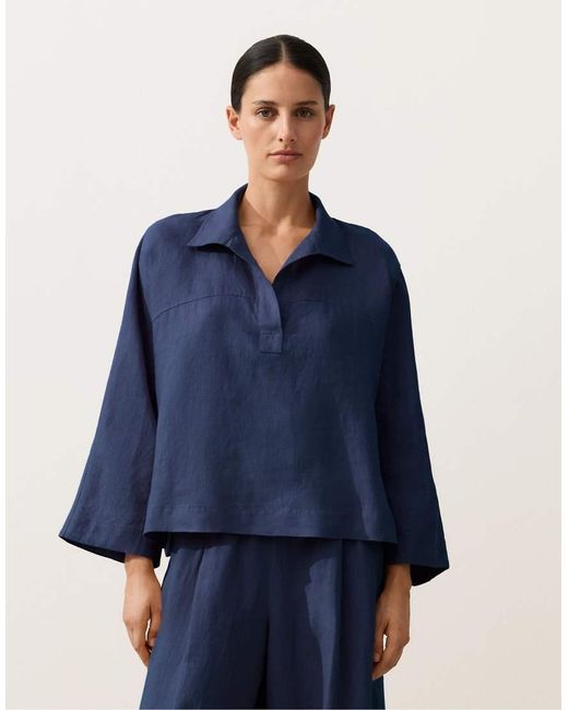 Oysho Blue Oversize Long-Sleeve 100% Linen Polo Shirt