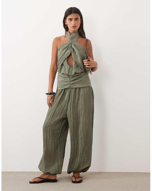 ASOS Green Crinkle Scarf Detail Co-ord Top