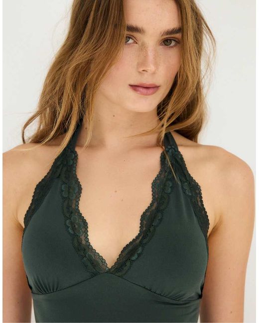 Stradivarius Green Lace Halter Top