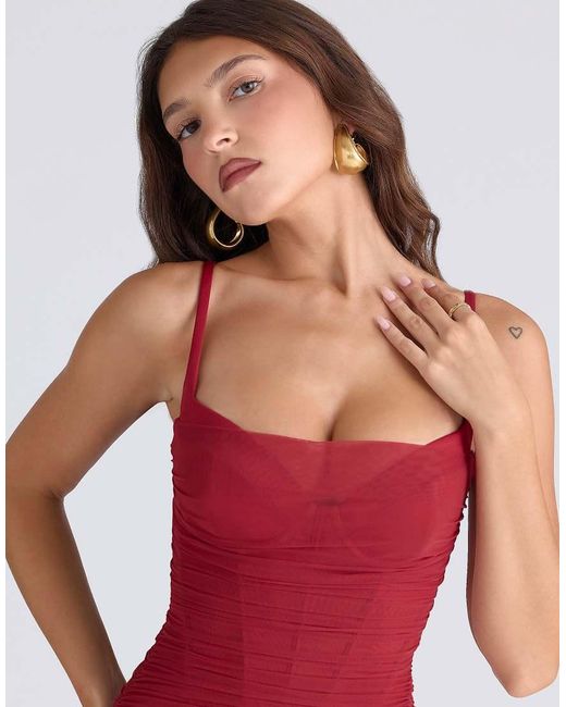 House Of Cb Red Lini Deep Stretch Mesh Corset Maxi Dress