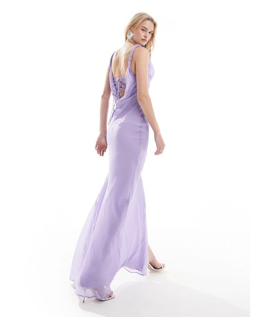 ASOS Purple Asos Design Tall Cowl Neck Chiffon Bias Maxi Dress With Lace Insert