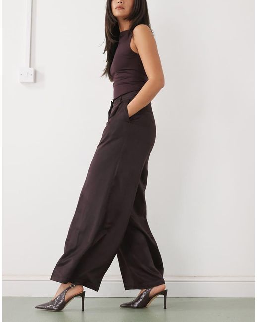 Monki Brown Satin Wide Leg Tailored Trousers