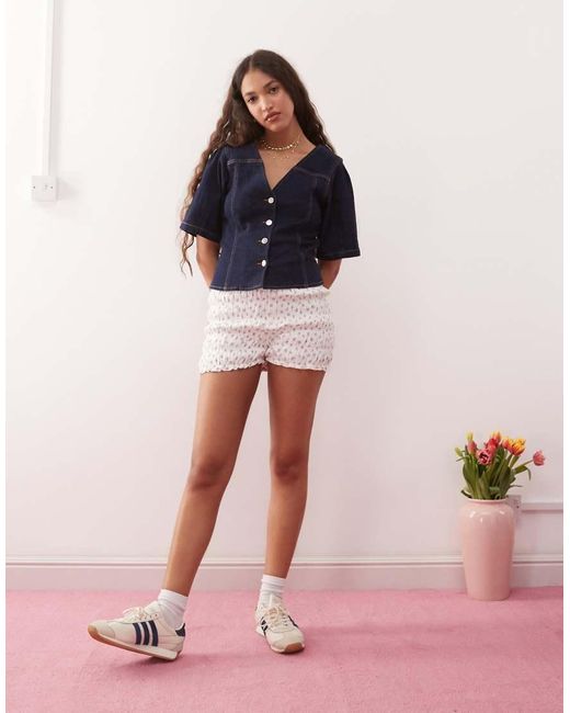 Miss Selfridge Blue Puff Sleeve Denim Top