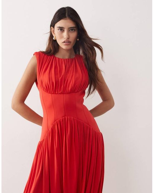 ARRANGE Red Gathe Drape Maxi Dress With Cinched Waist