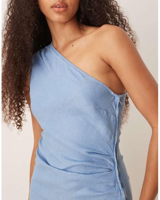 Mango Blue Draped One Shoulder Denim Look Midaxi Dress With Side Split