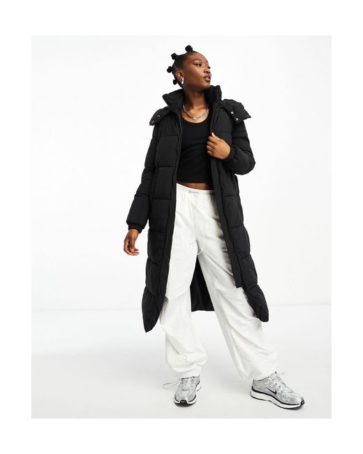 Cotton On Black Cotton On Button Up Mother Puffer Longline Jacket With Removable Hood