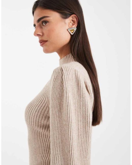 Vestido Estilo Jersey Con Mangas Abullonadas Y Cuello Alto De - Neutro ONLY de color Natural