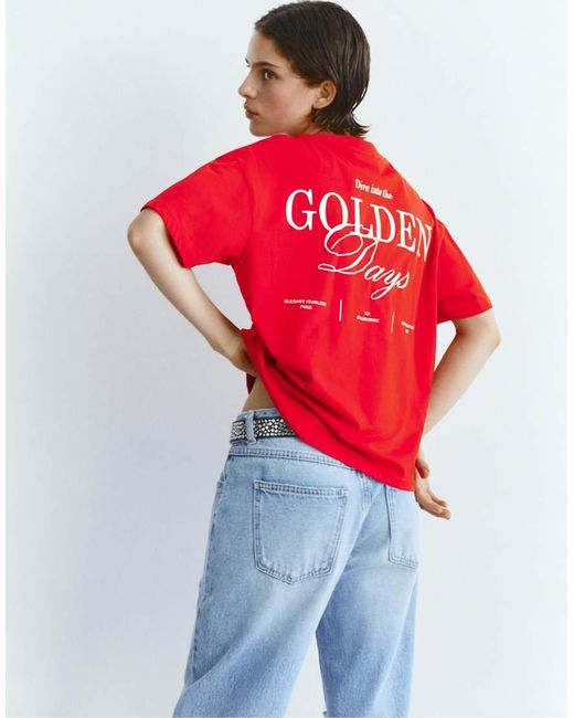 Pull&Bear Red T-shirt With Graphic And Slogan