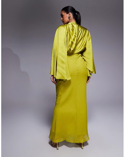 ASOS Yellow Flared Sleeve Satin And Chiffon Mix Maxi Dress With Draped Skirt