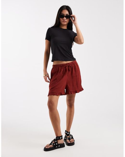 New Look Red Ruffle Linen Blend Pull-on Shorts