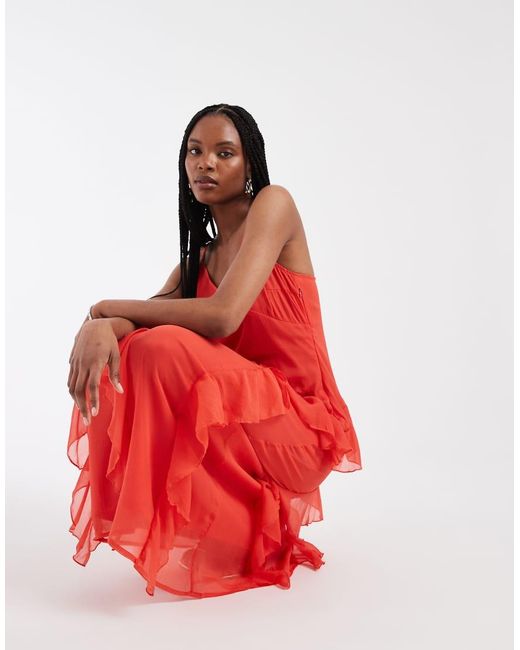 Vero Moda Red Smilla Chiffon Cami Ruffle Detail Midi Dress