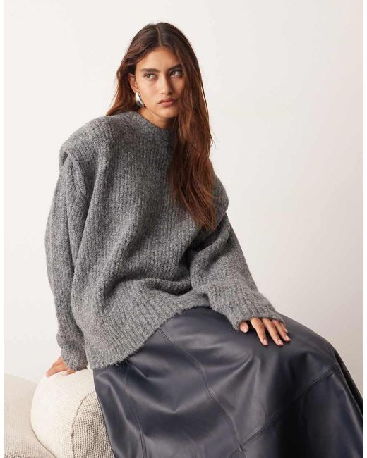 ARRANGE Gray Rib Knitted Shoulder Pad Jumper