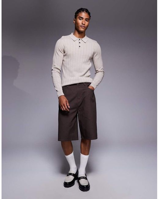 Polo Entallado De Manga Larga De Punto De Canalé De -Neutro ASOS de hombre de color Gray