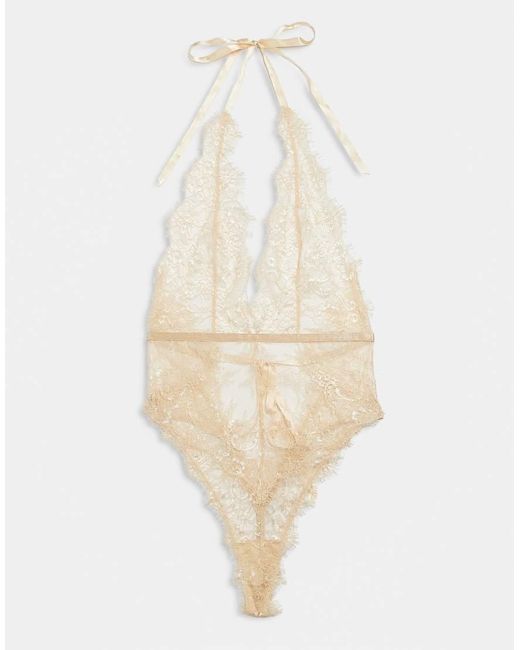 Bardot White Leonora Lace Plunge Neck Halter Tie Detail Bodysuit