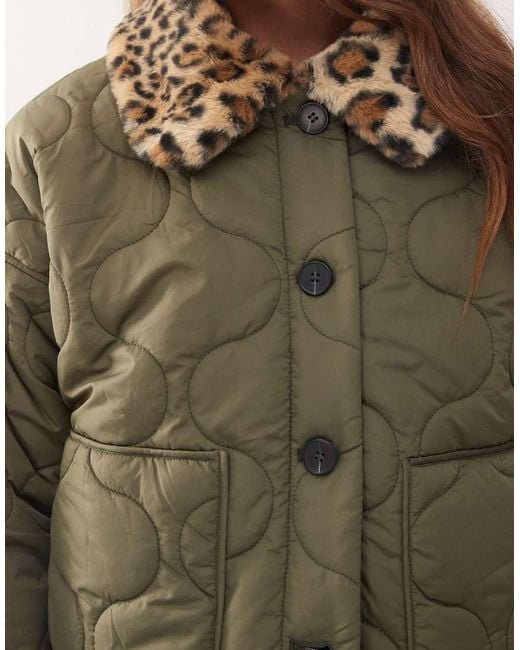 Noisy May Green Faux Fur Leopard Collar Detail Quilted Coat