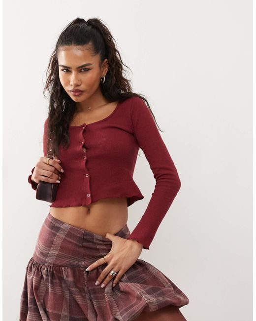 Reclaimed (vintage) Red Long Sleeve Waffle Button Up Top