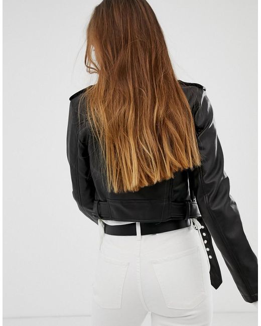 Bershka Denim Cropped Faux Leather Biker Jacket In Black Save 2 Lyst
