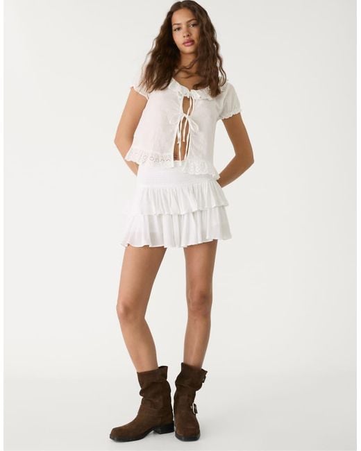 Stradivarius Natural Short Sleeve Shirt With Ruffles