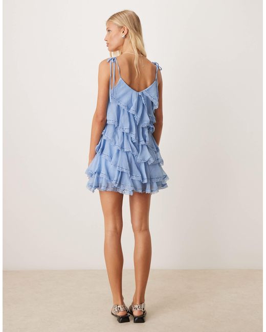 Miss Selfridge Blue Tiered Chiffon Mini Dress With Lace Detail