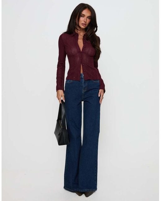 Princess Polly Blue When You Sleep Semi Sheer Knit Long Sleeve Jersey Button Through Fitted Shirt