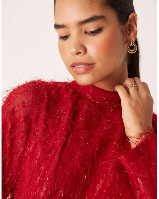 Vila Red Fluffy Textu Tie Waist Maxi Dress