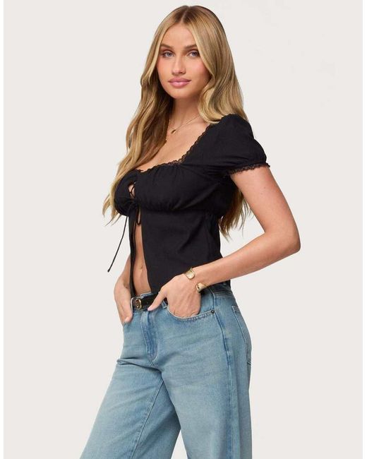 Edikted Blue Lacey Split Front Lace Up Top