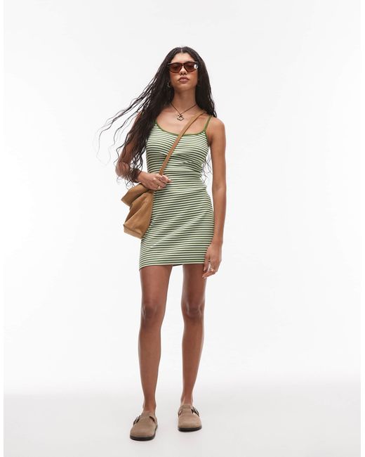 TOPSHOP Green Striped Rib Cami Mini Dress