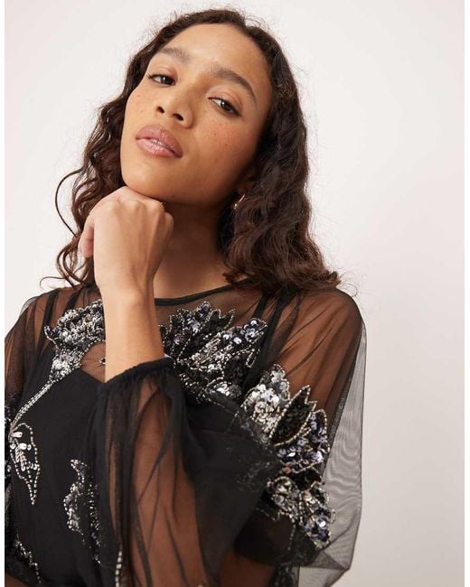 Maya Black Floral Embellished Tulle Overlay Long Sleeve Maxi Dress