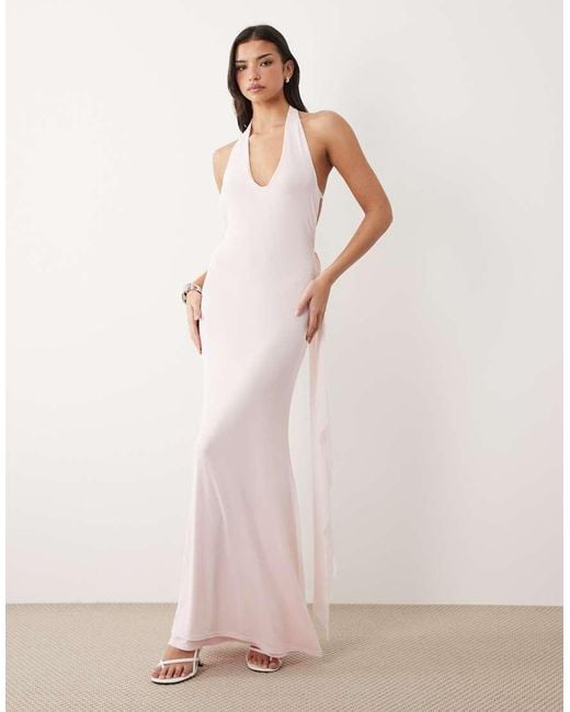 ASOS Pink Mesh Scooped Halter Neck Maxi Dress With Open Back Draped Sash Detail