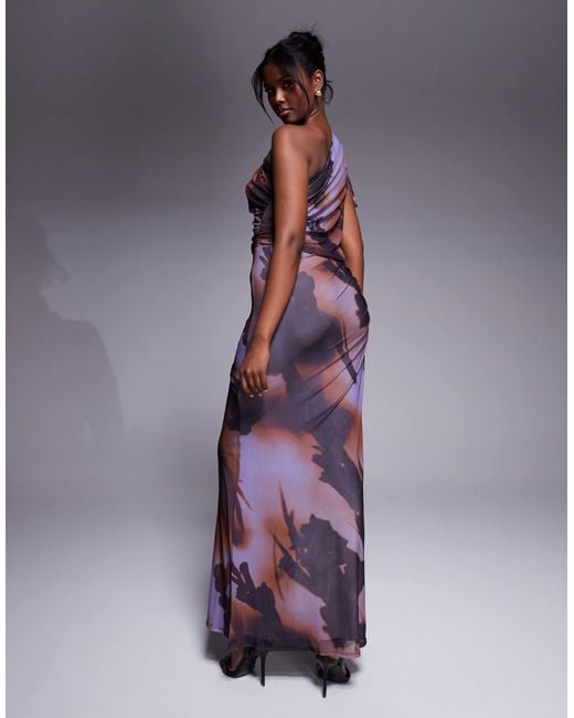 ASOS Purple Mesh Channelled Tie One Shoulder Midi Dress With Slash Cut Out