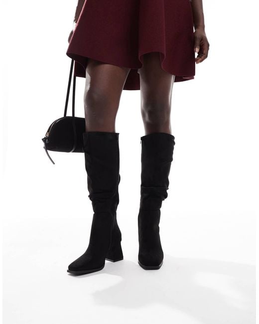 SEQWL Wide Fit Black Fished Slouchy Block Heel Knee Boots