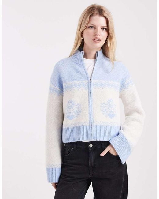 Miss Selfridge Blue Zip Detail Pattern Cardigan