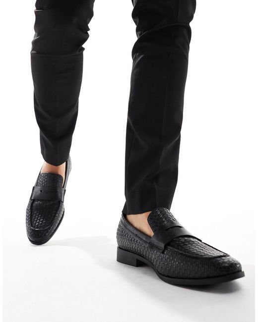 London Rebel Black Wide Fit Faux Leather Woven Loafers for men