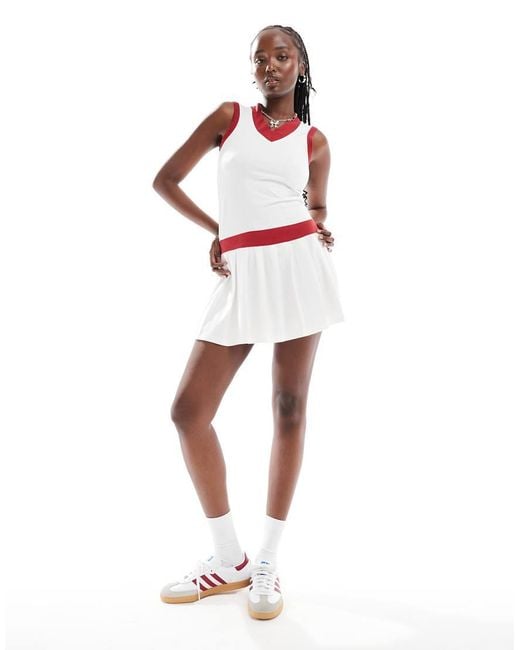 Daisy Street White Drop Waist Pleated Mini Tennis Dress