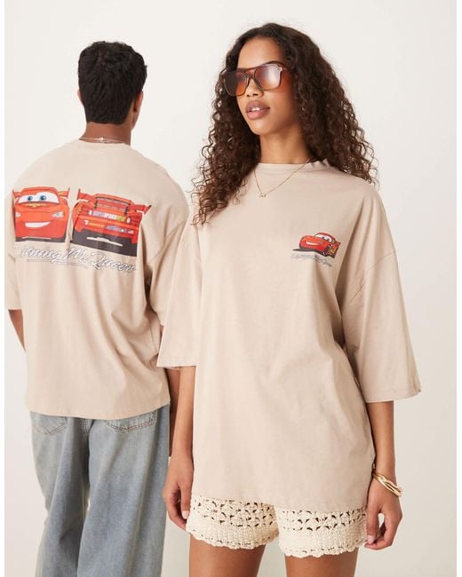 ASOS Natural Disney Pixar Cars Oversized T-Shirt With Lightning Mcqueen Prints
