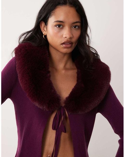 Miss Selfridge Red Tie Front Cardigan With Fur Collar And Cuff