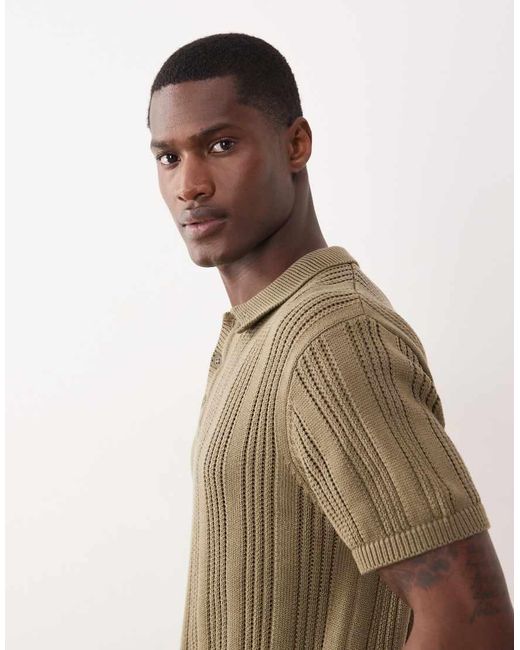 New Look Natural Knitted Ribbed Stripe Polo for men