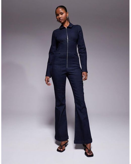 ASOS Blue Stretch Denim Jumpsuit With Corset Waist