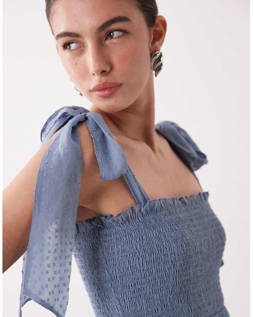 LACE & BEADS Blue Chiffon Dobby Bow Shoulder Shirred Ruffle Midi Dress