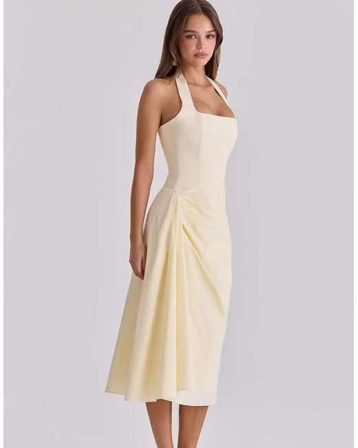 House Of Cb Natural Tallulah Lemon Halter Neck Cotton Midi Dress