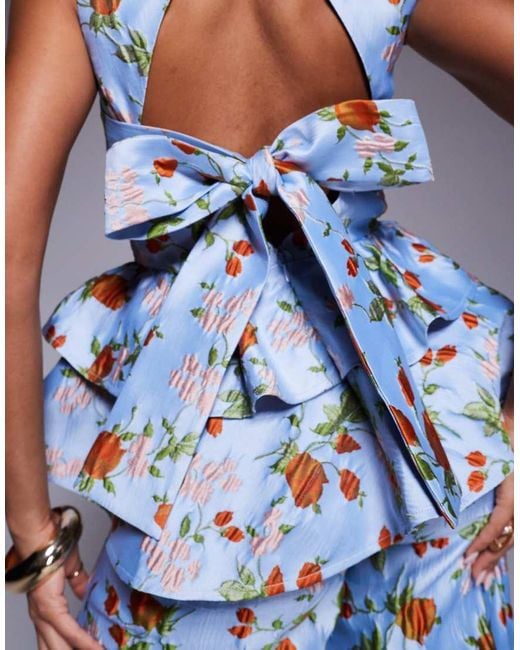 ASOS Blue Co-ord Jacquard Peplum Top With Bow Back
