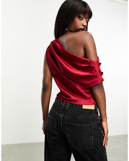 Abercrombie & Fitch Red Satin Aysmmetric Draped Top