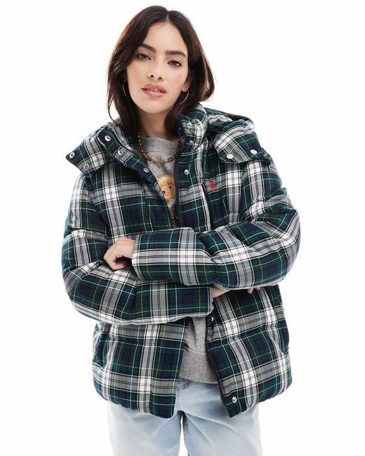 Polo Ralph Lauren Blue Country Plaid Puffer Jacket With Logo