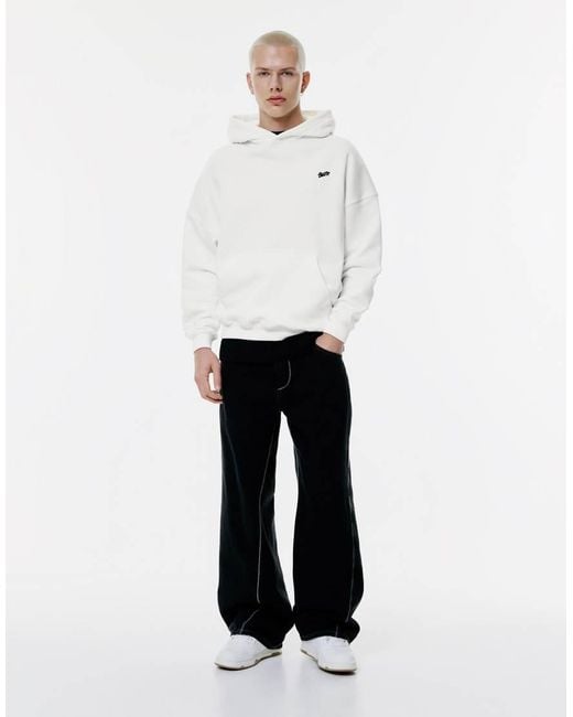 Pull&Bear White Stwd Embroidered Logo Hoodie for men