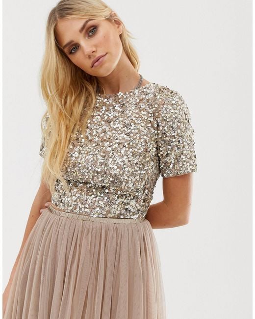 LACE & BEADS Brown Cropped Top With Embellishment And Open Back Co-ord