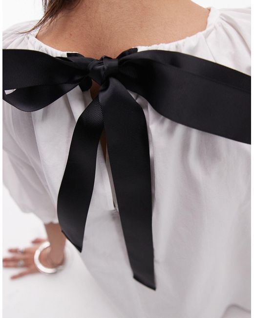 TOPSHOP White – fallschirm-oberteil aus elfenbeiner popeline mit puffärmeln und schwarzer kontrastschleife