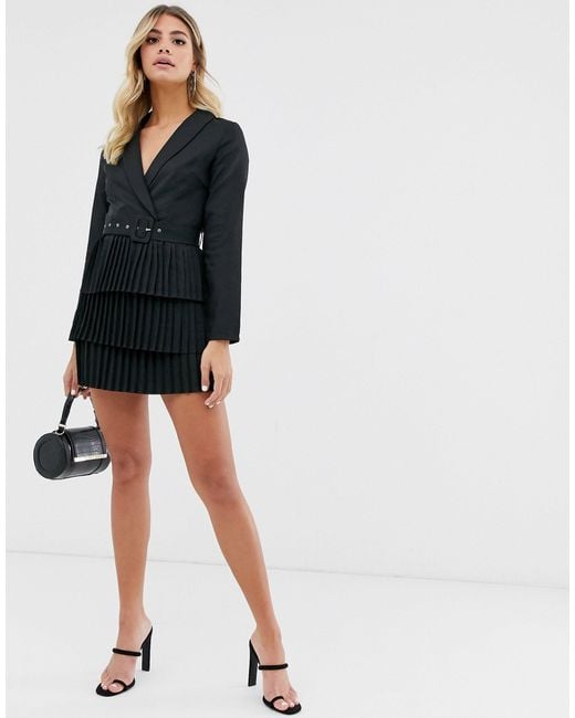 In The Style Plunge Front Blazer Dress With Pleated Skirt in Black ...